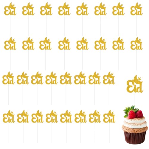 Eid Mubarak Cake Topper,32 Stück Glitzer Mond und Stern Ramadan Kuchendekoration,Gold Eid Mubarak Cupcake Topper für Muslimisch Islam Kareem Party Dekoration Supplies von OTKARXUS