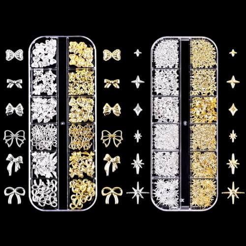 Gold Silber Nagel Charms,2Boxen 24Raster Stern Schleifen Nägel Charm Nail Studs,Punk Metall Legierung Nagel Edelstein Bogenknot Nagelkunst Dekorations Zubehör für Nagel Design DIY Basteln Gold Silber Nagel Charms,2Boxen 24Raster Stern Schleifen Nägel Charm Nail Studs,Punk Metall Legierung Nagel Edelstein Bogenknot Nagelkunst Dekorations Zubehör für Nagel Design DIY Basteln von OTKARXUS