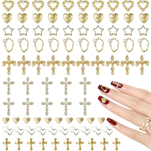 Gold Nail Charms,90 Stück Kreuz, Stern, Herz Nagel Edelsteine, Metall Legierung Nagel Zubehör für Maniküre Design Dekorationen DIY Handwerk von OTKARXUS
