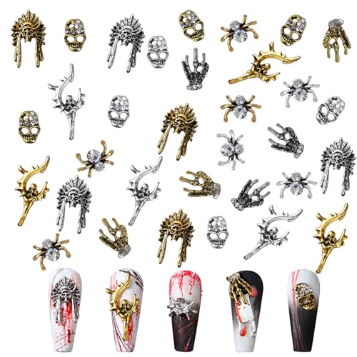 Halloween Nail Charms,30 Stück Geisterkrallen Spinnen Nagel Edelsteine mit Strasssteinen,Retro Skelett Totenkopf Hand Gold Silber Metall Legierung Nagelkunst-Schmuck-Dekoration für DIY Nageldesign Halloween Nail Charms,30 Stück Geisterkrallen Spinnen Nagel Edelsteine mit Strasssteinen,Retro Skelett Totenkopf Hand Gold Silber Metall Legierung Nagelkunst-Schmuck-Dekoration für DIY Nageldesign von OTKARXUS