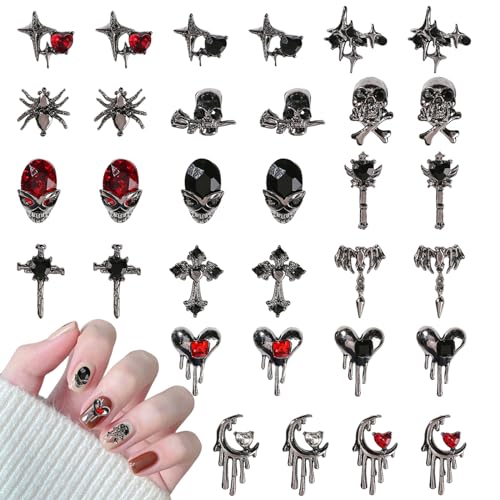 Halloween Nail Charms,32PCS Stück Schädel Spinne, Kreuz, Mond, Herz, Nagel-Strasssteine und Edelsteine, Silber Legierung Nail-Art-Schmuck Dekoration für DIY Halloween Nageldesign Handwerk Halloween Nail Charms,32PCS Stück Schädel Spinne, Kreuz, Mond, Herz, Nagel-Strasssteine und Edelsteine, Silber Legierung Nail-Art-Schmuck Dekoration für DIY Halloween Nageldesign Handwerk von OTKARXUS