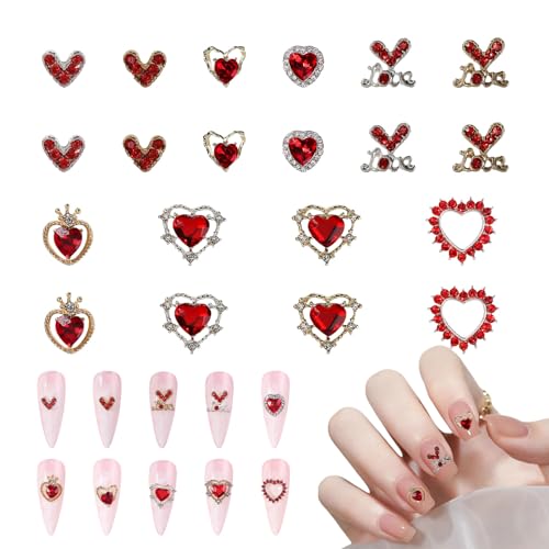 Herz-Nagelanhänger, rote Herz-Strasssteine, glänzende Liebes-Kristall-Charms für Frauen und Mädchen, Valentinstag, Nagelkunst, Dekoration, Zubehör, Rot, 20 Stück von OTKARXUS