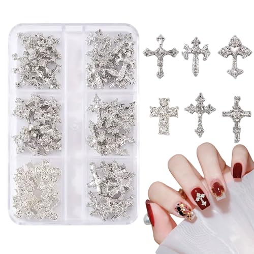 Kreuz Nagel Charms,60 Stück Gold/Silber Metall Kreuz Charms für nägel,Legierung Nagel Nieten und Strasssteine für Maniküre Design Dekorationen DIY Handwerk (A Silber) von OTKARXUS