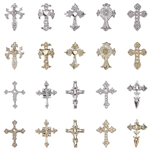 Kreuz Nagel Charms,80 Stück Gold Silber Metall Kreuz Charms für nägel,Legierung Nagel Nieten und Strasssteine für Maniküre Design Dekorationen DIY Handwerk (D Gold Silber) von OTKARXUS