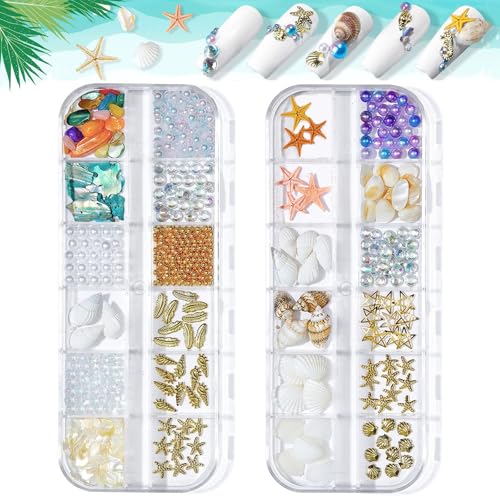 Nagelanhänger mit Meeresmotiven, 2 Boxen, unregelmäßige Abalone-Muschelscheiben, Muscheln, Seestern, Nagelkunst-Anhänger, Muscheln, Mini-Steinperlen, bunte Perlen, 3D-Nagelkunst-Dekorationen für Nagelanhänger mit Meeresmotiven, 2 Boxen, unregelmäßige Abalone-Muschelscheiben, Muscheln, Seestern, Nagelkunst-Anhänger, Muscheln, Mini-Steinperlen, bunte Perlen, 3D-Nagelkunst-Dekorationen für von OTKARXUS