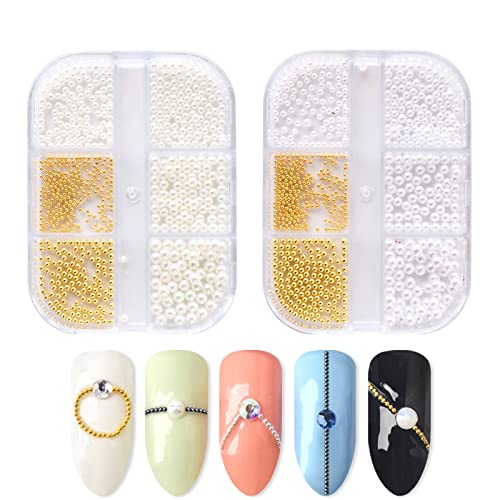Nagelperlen für Nagelkunst, 2 Boxen, 6 Raster, Kunstperlen, runde Perlen, Nagelkunst, goldene Stahlperlen, Kugeln, Nagel-Charms für DIY, 3D-Nagelkunst-Dekorationen, Weißgold Nagelperlen für Nagelkunst, 2 Boxen, 6 Raster, Kunstperlen, runde Perlen, Nagelkunst, goldene Stahlperlen, Kugeln, Nagel-Charms für DIY, 3D-Nagelkunst-Dekorationen, Weißgold von OTKARXUS