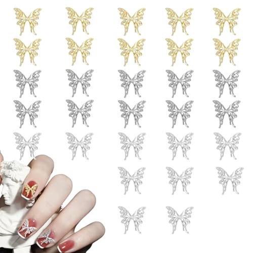 Nail Charms Schmetterling,30 Stück Gold Silber Metall Schleifen Strasssteine Nägel,Legierung Nägel Schmuck Nagel Zubehör für Frauen Mädchen Nagelkunst Dekorationen DIY Handwerk (E Gold Silber) von OTKARXUS
