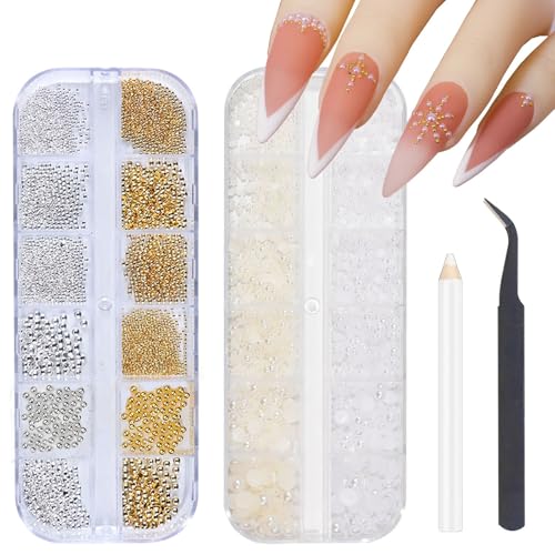 Nailart Perlen Kaviar Perlen Nägel,2Boxen Flackback Perlen Nail Charms und Gold Silber Kaviar Strasssteine mit Aufnahmestift und Pinzette,Weiß Beige Nagel Perlen Mikroperlen Dekor für Nägel Design Nailart Perlen Kaviar Perlen Nägel,2Boxen Flackback Perlen Nail Charms und Gold Silber Kaviar Strasssteine mit Aufnahmestift und Pinzette,Weiß Beige Nagel Perlen Mikroperlen Dekor für Nägel Design von OTKARXUS