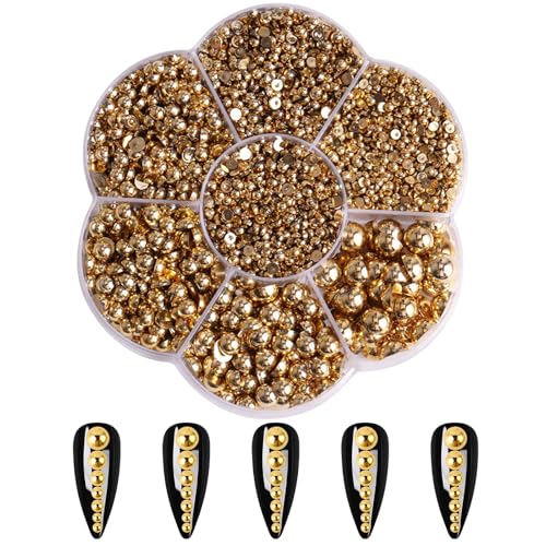 Perlen mit flacher Rückseite, 2/3/4/5/6/8/10 mm, halbrunde Perlen, gemischte ABS-Imitationsperlen für DIY-Nagelkunst, Dekoration, Basteln, Schmuck, Armbandherstellung (Gold) von OTKARXUS