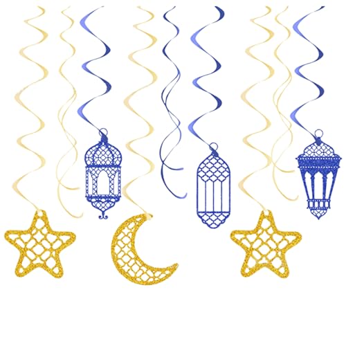 Ramadan Mubarak Dekoration,9 Satz Mond Latern Stern Eid Mubarak Hängende Wirbel Spiral Anhänger,Decke Deko Girlande Luftschlangen für Ramadan Zuhause Eid Party Dekoration Zubehör (Gold & Blau) von OTKARXUS