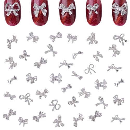 Schleife Nail Charms,100 Stück Silber Legierung Bogen Nagel Charms,Schleife Fliege Nagel-Edelsteine Metall Nagel-Kunst-Dekorationen Zubehör für Maniküre-Design DIY-Handwerk (F Silber) von OTKARXUS