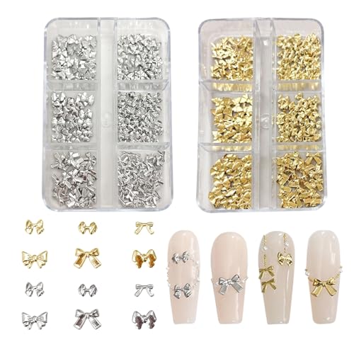 Schleife Nail Charms,2 Boxen Gold Silber Bogen Metall Nägel Strasssteine Nail Studs,Legierung Schleifen Nagelkunst Dekorations Nagel Edelsteine für Nageldesign Zubehör (Gold Silber Schleifen) von OTKARXUS