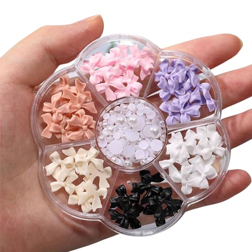 Schleifen Nail Charms,1 Schachtel 7 Gitter süße Bowknot Perl Nail Art Charms, Harz Nagelkunst Dekorationen Ornamente für Frauen Mädchen Nagelkunst Design DIY Bastel (D Muster) von OTKARXUS