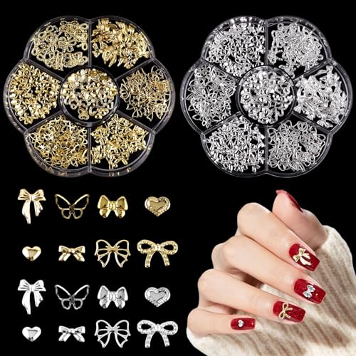 Schleifen Nail Charms,2Boxen 14Raster Gold Silber Bogenknot Herz Nagel Edelsteine Strasssteine,Metall Legierung Nail Studs Bow Tie Schmetterling Nagelkunst Dekorationen Accessoires für Nageldesign Schleifen Nail Charms,2Boxen 14Raster Gold Silber Bogenknot Herz Nagel Edelsteine Strasssteine,Metall Legierung Nail Studs Bow Tie Schmetterling Nagelkunst Dekorationen Accessoires für Nageldesign von OTKARXUS