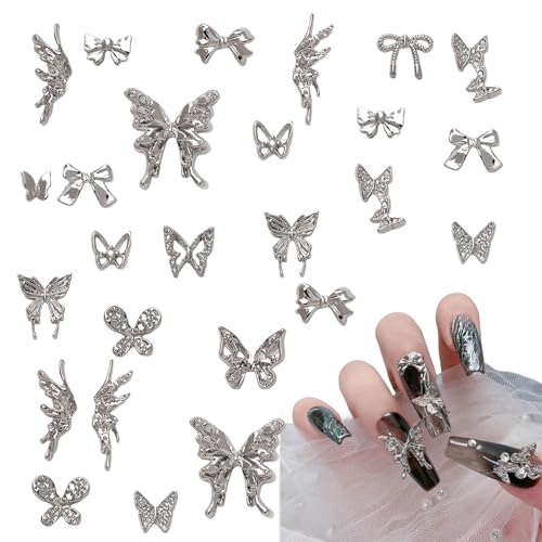 Schmetterling Nagel Charms,150 Stück 3D Silber Schmetterlings Flügel Schleife Nagel Edelsteine,Metall Nagel Schmuck für Nagelkunst-Dekorationen Zubehör DIY-Handwerk (A Silber) von OTKARXUS