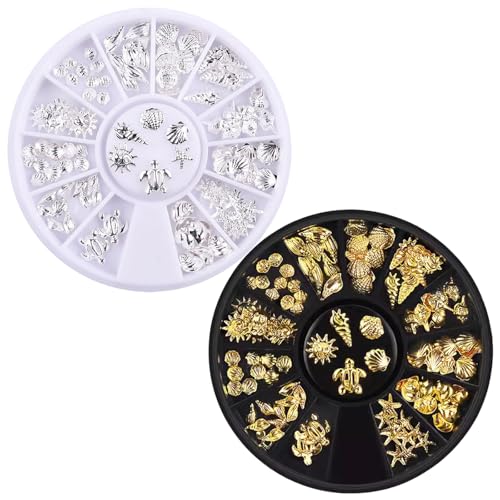 Sommer Nagel Charms,2Boxen Ozeannieten Nagelschmuck mit Flatback Perlen Strasssteine,Seesterne Muschel Conch Seepferdchen Nägelkunstdekorationen für Frauen Acryl Nagel Ozean (Gold + Silver A) von OTKARXUS