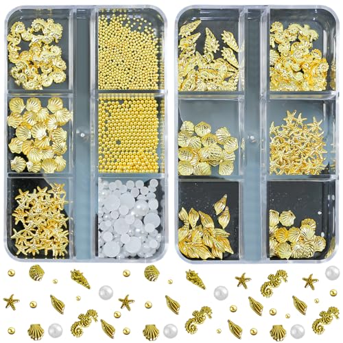 Sommer Nagel Charms,2Boxen Ozeannieten Nagelschmuck mit Flatback Perlen Strasssteine,Seesterne Muschel Conch Seepferdchen Nägelkunstdekorationen für Frauen Acryl Nagel Ozean (Gold + Silver B) von OTKARXUS
