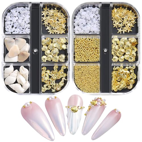 Sommer Nagel Charms,2Boxen Ozeannieten Nagelschmuck mit Flatback Perlen Strasssteine,Seesterne Muschel Conch Seepferdchen Nägelkunstdekorationen für Frauen Acryl Nagel Ozean (Gold + Silver C) von OTKARXUS