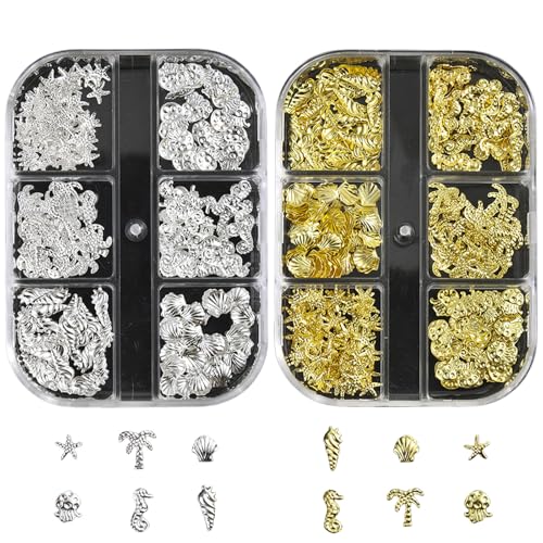 Sommer Nagel Charms,2Boxen Ozeannieten Nagelschmuck mit Flatback Perlen Strasssteine,Seesterne Muschel Conch Seepferdchen Nägelkunstdekorationen für Frauen Acryl Nagel Ozean (Gold + Silver D) von OTKARXUS