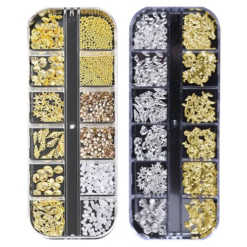 Sommer Nagel Charms,2Boxen Ozeannieten Nagelschmuck mit Flatback Perlen Strasssteine,Seesterne Muschel Conch Seepferdchen Nägelkunstdekorationen für Frauen Acryl Nagel Ozean (Gold + Silver E) von OTKARXUS