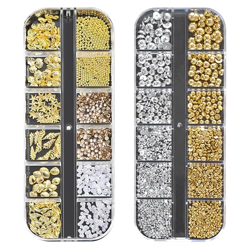 Sommer Nagel Charms,2Boxen Ozeannieten Nagelschmuck mit Flatback Perlen Strasssteine,Seesterne Muschel Conch Seepferdchen Nägelkunstdekorationen für Frauen Acryl Nagel Ozean (Gold + Silver F) von OTKARXUS