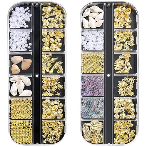 Sommer Nagel Charms,2Boxen Ozeannieten Nagelschmuck mit Flatback Perlen Strasssteine,Seesterne Muschel Conch Seepferdchen Nägelkunstdekorationen für Frauen Acryl Nagel Ozean (Gold + Silver G) von OTKARXUS