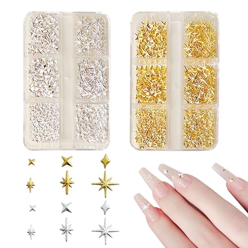 Stern Nail Charms,2 Boxen Gold Silber Sterne Metall Nägel Strasssteine Nail Studs,Legierung Star Nagelkunst Dekorations Nagel Edelsteine für Nageldesign Zubehör (Gold Silber Stern) von OTKARXUS