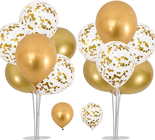 OTMVicor Tischständer-Set mit goldenen Luftballons, 2 Sets Ballonständer, 8 Stück metallische Gold-Luftballons, 8 Stück goldene Konfetti-Luftballons für Partys von OTMVicor