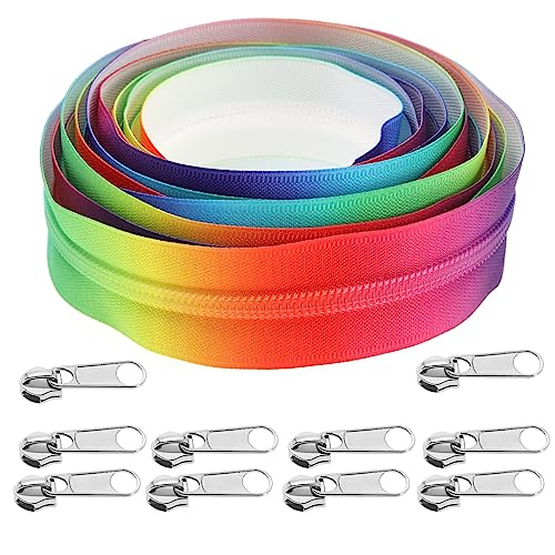 #5 Regenbogen-Reißverschlussband, 4 Meter, Nylonspule, Endlose Reißverschlüsse mit 10 Silbernen Reißverschlussschiebern für DIY-Nähen, Schneiderhandwerk, Taschen, Gepäck von OTOTEC
