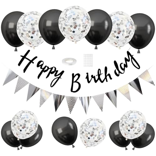 Geburtstag Dekoration Set Silber Schwarz Happy Birthday Banner Set,mit Luftballons Konfetti Ballons Dreiecksflaggen Girlanden für Geburtstag Deko Party Supplies von OTTPL