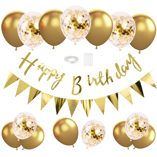 Geburtstag Dekoration SetGold Happy Birthday Banner Set,mit Gold Luftballons Konfetti Ballons Dreiecksflaggen Girlanden für Geburtstag Deko Party Supplies von OTTPL
