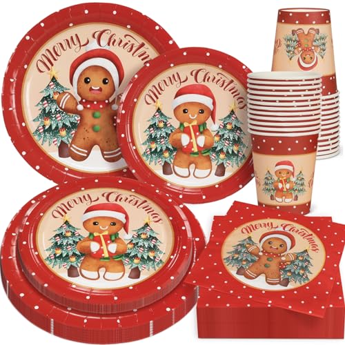 100 Stück Lebkuchen-Weihnachtsdekorationsset für 25 Weihnachtsfeiern, Einweggeschirr, Lebkuchenmann, Pappteller, Servietten, Becher für Weihnachten, Lebkuchen-Mottoparty-Zubehör 100 Stück Lebkuchen-Weihnachtsdekorationsset für 25 Weihnachtsfeiern, Einweggeschirr, Lebkuchenmann, Pappteller, Servietten, Becher für Weihnachten, Lebkuchen-Mottoparty-Zubehör von OTTPOOM