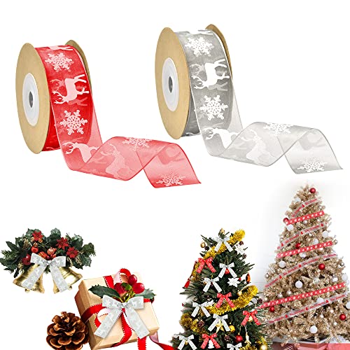 Weihnachtsbänder, OTTYMO 2 Rollen Schneeflocken Geschenkband Elch Dekoband Satin 2,5 cm Breit Weihnachten Schleifenband 10 m Weiß/Rot Weihnachtsschleifenband für Weihnachten Hochzeit Geschenk von OTTYMO