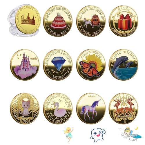 OUCONGK 12 Stück Zahnfee Geschenk Münzen, Verlorenen Zahn Kinder Souvenir, Zahnfee Münze Gold, Geschenk Zahnfee Münzen, Zahnfee für Kinder, Verschiedene Muster, Eisen, für Mädchen Und Junge von OUCONGK