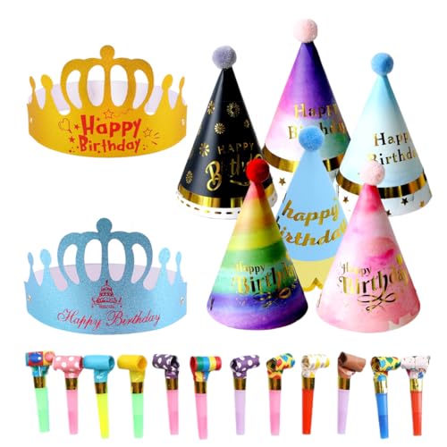 OUDQFCJ 24 Stücke Kinder Partyhüte Set, Papier Krone Hut, Party Kegel Hüte, Kindergeburtstag Tröte, Partyhüte Geburtstag Dekoration Set für Familienfeiern für Kinder und Erwachsene von OUDQFCJ