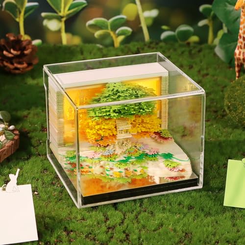 3D Tischkalender 3D Notizblock Kalender 2026 mit LED,Memo Pad Kalender,Tagesabreißkalender nicht Verklebt,Baumhaus Papierkunst mit Acrylbox Glasklar,Tischkalender Schreibtisch Deko (Grün) von OUGPIU