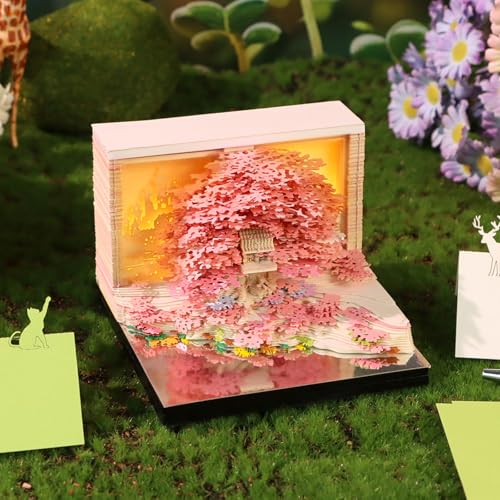 3D Tischkalender 3D Notizblock Kalender 2026 mit LED,Memo Pad Kalender,Tagesabreißkalender nicht Verklebt,Baumhaus Papierkunst mit Acrylbox Glasklar,Tischkalender Schreibtisch Deko (Rosa) von OUGPIU
