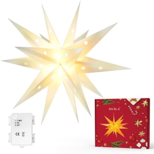 OUILA Weihnachtsstern 3D Leuchtstern, Φ45cm LED Beleuchtet Weihnachtsstern Batteriebetrieben mit Timer für Weihnachtsdeko Außen Innen Dekorative Leuchten Christbaumschmuck 3000K von OUILA