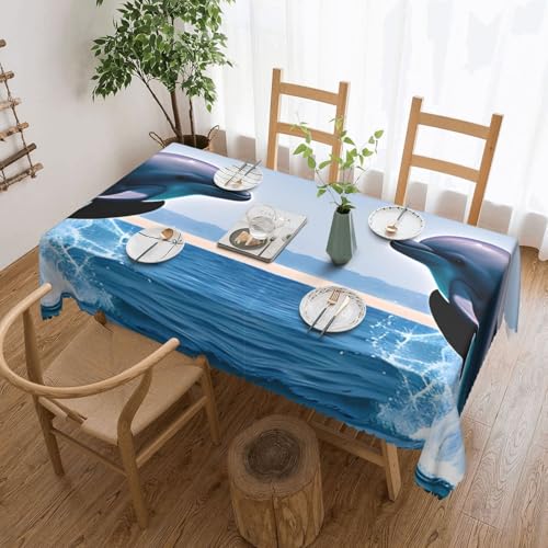 OUInbvv Quadratische Tischdecke, Motiv: Springende Delfine, 137 x 183 cm, als Tischschutz und Dekoration, geeignet für Familienfeiern im Freien von OUInbvv