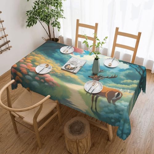 OUInbvv Quadratische Tischdecke mit Cartoon-Hirsch, 137 x 183 cm, als Tischschutz und Dekoration, geeignet für Familienfeiern im Freien von OUInbvv