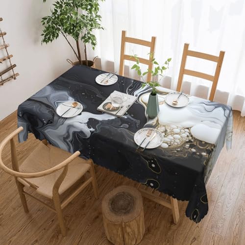 OUInbvv Quadratische Tischdecke mit Marmorierung, 137 x 183 cm, für Tischschutz und Dekoration, geeignet für Familienfeiern im Freien, Schwarz und Weiß von OUInbvv