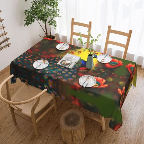 OUInbvv Quadratische Tischdecke mit Pfauenblumen, 137 x 183 cm, als Tischschutz und Dekoration, geeignet für Familienfeiern im Freien von OUInbvv