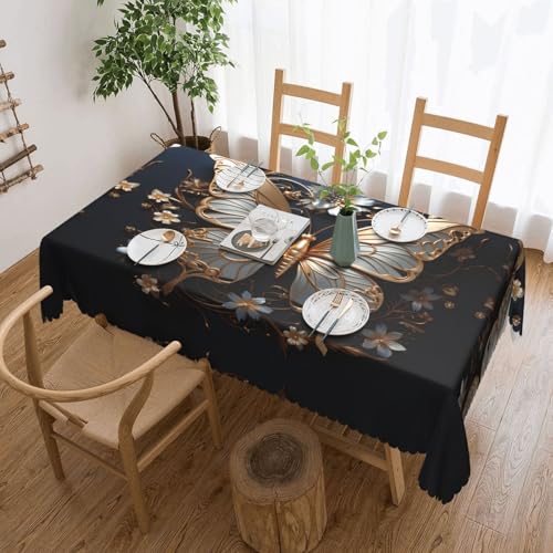 OUInbvv Quadratische Tischdecke mit Schmetterlingen, 137 x 183 cm, für Tischschutz und Dekoration, geeignet für Familienfeiern im Freien, goldfarben / Weiß von OUInbvv