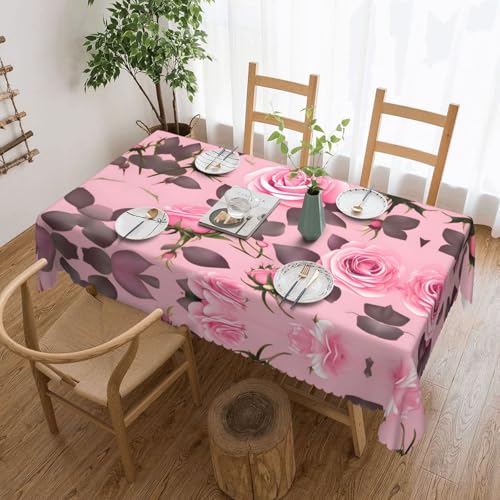 OUInbvv Tischdecke mit hübschen rosa Rosen, quadratisch, 137 x 183 cm, als Tischschutz und Dekoration, geeignet für Familienfeiern im Freien von OUInbvv