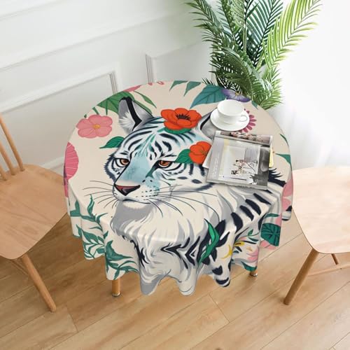 Runde Tischdecke, Motiv: süßer weißer Tiger, 152,4 cm, flecken- und knitterfrei, für Abendessen, Brunch Picknick, Hochzeit, Party, drinnen und draußen von OUInbvv