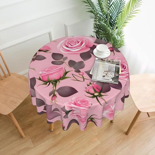 Runde Tischdecke mit hübschen rosa Rosen, flecken- und knitterfrei, für Abendessen, Brunch Picknick, Hochzeit, Party, drinnen und draußen von OUInbvv