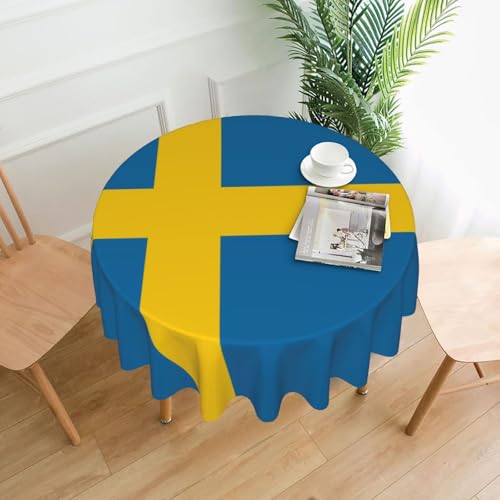 Runde Tischdecke mit schwedischer Flagge, flecken- und knitterfrei, für Abendessen, Brunch Picknick, Hochzeit, Party, drinnen und draußen, 152,4 cm von OUInbvv