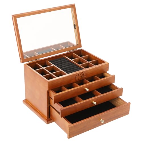 OUKANING Schmuckbox Holz 4 Schichten, Mit Spiegel, 3 Ausziehbare Schubladen Und Mehrere Fächer, Schmuckschatulle Damen, Geschenk OUKANING Schmuckbox Holz 4 Schichten, Mit Spiegel, 3 Ausziehbare Schubladen Und Mehrere Fächer, Schmuckschatulle Damen, Geschenk von OUKANING