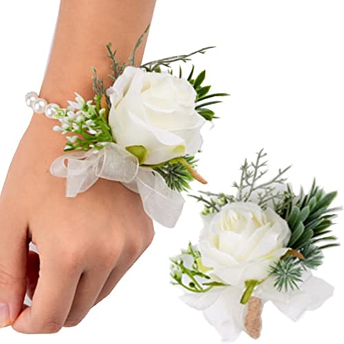 2 Stück Rosenblumen-Handgelenk-Ansteckblumen-Set, handgefertigtes künstliches Korsage-Set, Braut-Handblumen-Armband und Herren-Boutonniere für Hochzeit, Party, Abschlussball, Dekorationen (weiß) von OUKEYI