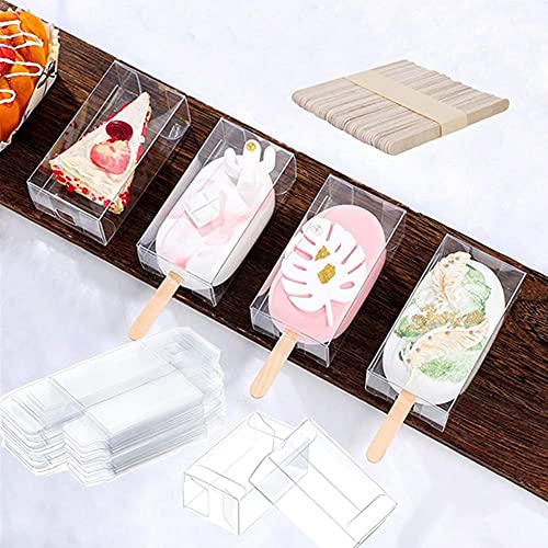 Clear Popsicle Box Cakesicle Boxes, PET Clear Ice Cream Boxes, 3.7x2.2x1.5 Inch Transparent Treat Candy Boxes Pastry Containers for Weddings, Birthday Party Favor Supplies (25+50Pcs) von OUKEYI